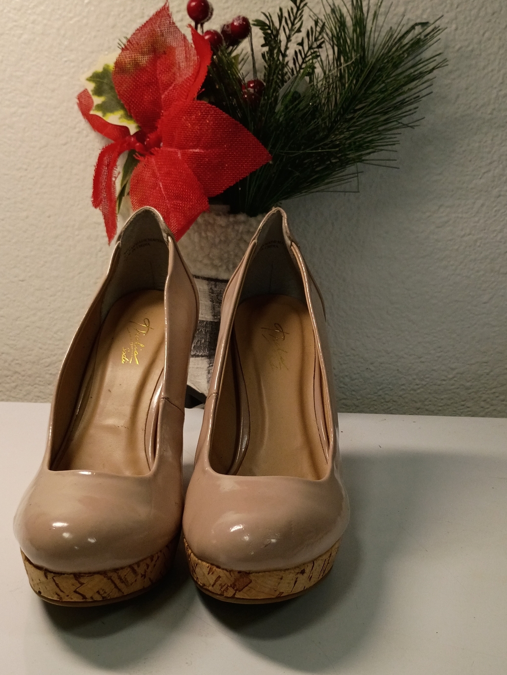 Thalia Sodi Nude Patent Platform Pumps with Cork-Style Sole